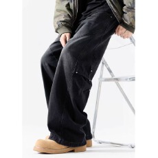 美式富博直筒弯刀工装牛仔裤男士秋冬潮流高街水洗做旧微喇休闲裤