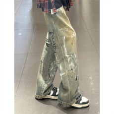 涂鸦牛仔裤子男潮乐汇美式小众设计感复古宽松直筒裤休闲长裤