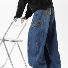 批发豹纹大口袋弯刀】时尚OOTD<b class='q'>韩版</b>直筒牛仔裤男设计感百搭阔腿裤长裤
