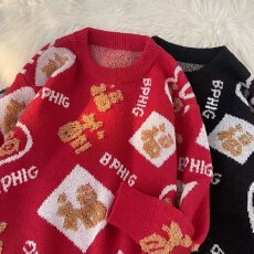 鹿绒毛本命红艺汐新年红色情侣毛衣男女本命年植绒战衣针织衫春