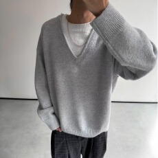 假两件针织衫复古正色男女秋冬季保暖情侣通勤风休闲高级感毛衣