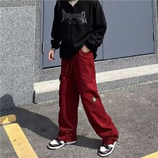 骑兵斜复网带腰带垂感布丁阔腿拖地休闲裤宽松直筒休闲长裤男女