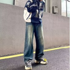 渐变色淘潮裤子ins高街潮ins秋冬阔腿牛仔裤男款宽松直筒老爹裤