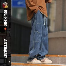 松筋腰工装淘潮牛仔裤男春秋宽松阔腿直筒长裤高街抽绳休闲裤子