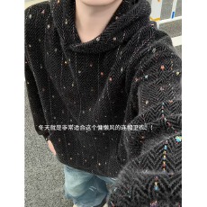 美式潮乐汇复古彩色波点针织连帽卫衣男春秋冬重磅廓形套头外套