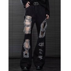 牛仔裤破洞唯库春秋新款直筒裤男女高腰显瘦宽松阔腿裤拖地裤子