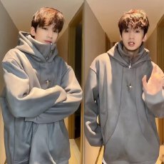 麂皮绒卫衣秋冬仙美鹅男士重磅金属设计连帽卫衣双层高领外套