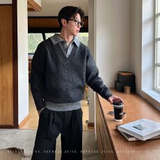 批发【假两件<b class='q'>针织衫</b>】毛衣揭潮坊春秋冬宽松软糯复古套头翻领上衣<b class='q'>男</b>