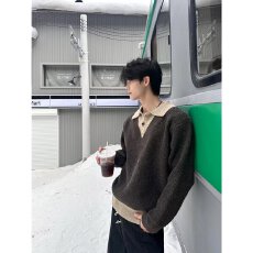 批发假两件<b class='q'>针织衫</b>毛衣揭潮坊春秋冬宽松软糯复古套头翻领上衣<b class='q'>男</b>