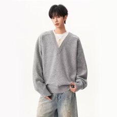 批发【假两件套头毛衣】休闲揭潮坊<b class='q'>针织衫</b><b class='q'>男</b>女潮流双层领设计套头上衣