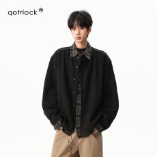 批发【羊毛蚕丝德绒面假两件拼格子】夹克男揭<b class='q'>潮</b>坊春秋冬翻领上衣外套