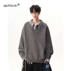 批发【慵懒假两件V领撞色毛衣】翻领揭潮坊<b class='q'>针织衫</b>上衣<b class='q'>男</b>秋冬外套情侣