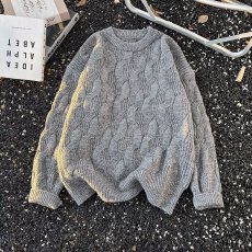 批发【肌理感麻花毛衣】春秋揭潮坊圆领风宽松麻花毛衣男纯色针织上衣