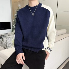 批发鹿毛绒】竖条万凯邦拼接纹插肩袖卫衣春<b class='q'>秋</b>男长袖上衣圆领套头休闲