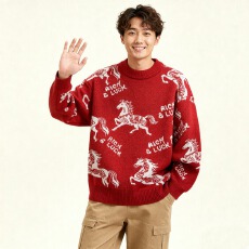 批发马年新款毛衣圆领壹方宽松<b class='q'>针织衫</b>男2026本命年秋冬喜庆红色毛衣