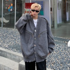 纯北极绒重工毛衣拉链黑衣V领开衫破坏设计感毛外套纽扣毛衫