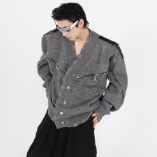 纯北极绒重工毛衣拉链黑衣V领开衫破坏设计感毛外套纽扣毛衫