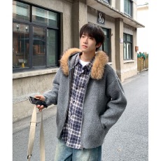 百花绒大毛领毛衣美式黑衣复古连帽开衫毛衣男秋冬针织衫外套