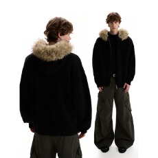 百花绒大毛领毛衣美式黑衣复古连帽开衫毛衣男秋冬针织衫外套