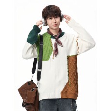 批发不规则补丁针织毛衣】内搭衣方天地撞色毛衣男秋冬圆领套头<b class='q'>针织衫</b>