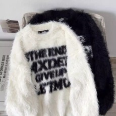 批发长貂毛刷毛】毛绒国潮字母男女外穿宽松毛衣<b class='q'>针织衫</b>高街情侣春秋冬