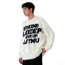 批发长貂毛刷毛毛绒国潮字母男女外穿宽松毛衣<b class='q'>针织衫</b>高街情侣春秋冬