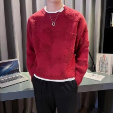 批发假两件北极绒毛巾绣毛衣】秋冬神秘提花打底<b class='q'>针织衫</b>男内搭上衣情侣