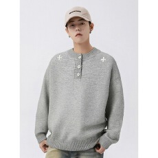 批发刺绣毛衣秋冬亨利领毛衣<b class='q'>男</b>士情侣痞帅纯色慵懒风针织衫痞帅上衣