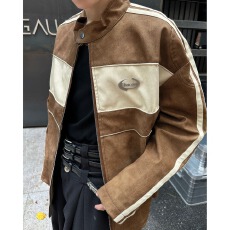 做旧PU皮拉双杠皮衣国潮外套男春秋美式夹克高级痞帅立领机车服