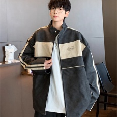 做旧PU皮拉双杠皮衣国潮外套男女水洗宽松高级痞帅撞色立领夹克