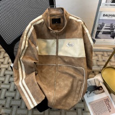 做旧PU皮拉双杠皮衣国潮外套男女水洗宽松高级痞帅撞色立领夹克