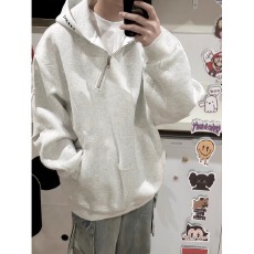 批发华棉复合刺绣】斜拉链左手连帽卫衣男春<b class='q'>秋</b>宽松青少年情侣字母外套