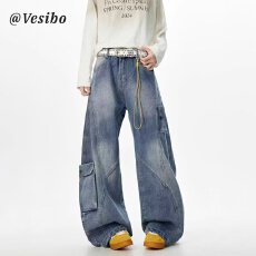 美式恒潮解构水洗弯刀牛仔裤男女微喇叭显瘦宽松休闲直筒阔腿长裤