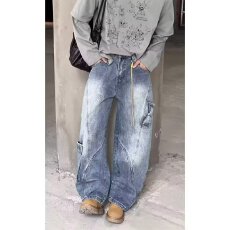 美式恒潮解构水洗弯刀牛仔裤男女微喇叭显瘦宽松休闲直筒阔腿长裤