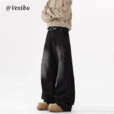 批发美式衣创复古水洗拼接牛仔裤<b class='q'>男</b>春秋直筒<b class='q'>裤子</b>情侣宽松弯刀拖地长裤