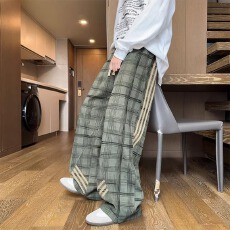 批发灯芯绒复合立体裤头包边】格子华成卫裤<b class='q'>男</b>女宽松直筒休闲运动长裤