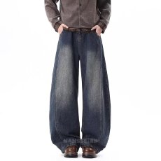批发牛仔裤新概念<b class='q'>男士</b>春秋高级痞帅拼接水洗做旧宽松直筒阔腿休闲长裤