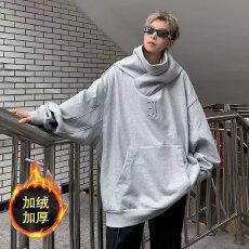 华棉加绒加厚大口袋刺绣高领卫衣男连帽冬宽松情侣休闲运动外套