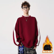 华棉复贝贝绒卫衣男常青树春秋冬加绒拼色条纹无帽圆领上衣长袖