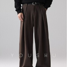 毛呢二浩阔腿西裤男潮牌设计感休闲垂感裤美式宽松立体褶皱西装裤