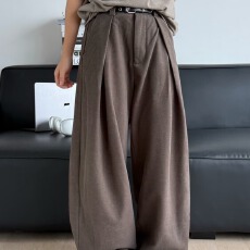美式二浩垂感免烫休闲西裤男宽松褶皱拖地裤高级感毛呢高腰阔腿裤