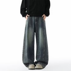 日系淘潮复古水洗做旧弯刀牛仔裤男女生宽松直筒休闲阔腿拖地裤潮