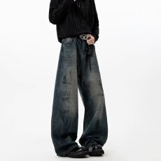 批发<b class='q'>日系</b>衣创<b class='q'>复古</b>水洗做旧弯刀牛仔裤男女生宽松直筒休闲阔腿拖地裤潮