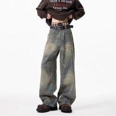 批发复古衣创水洗阔腿牛仔裤<b class='q'>男</b>女春秋冬宽松高腰显瘦毛边直筒长<b class='q'>裤子</b>