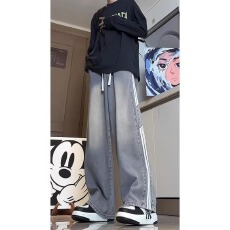 三条杠玩裤条纹拼接牛仔裤男生春秋季宽松直筒潮牌高街休闲长裤