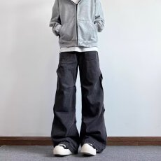 批发2026巴鲁米复古大口袋工装裤男女松紧腰高街<b class='q'>嘻哈</b>宽松阔腿拖地长裤