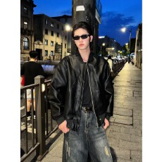 批发PU皮夹克】解构国潮机车皮衣外套男款秋<b class='q'>冬</b>cleanfit棒球服短款夹棉