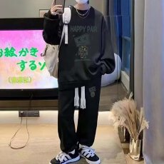 批发华夫格套装<b class='q'>潮牌</b>林鹿港风宽松印花衣服搭配<b class='q'>卫衣</b>卫裤两件套潮