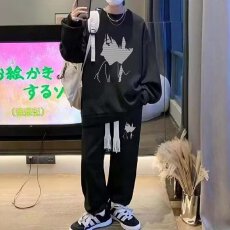 批发华夫格套装休闲林鹿<b class='q'>春</b>秋港风宽松印花衣服搭配卫衣卫裤两件套男