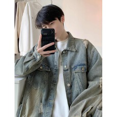 批发破洞<b class='q'>牛仔</b>外套】水洗高街班做旧褂子高级感痞帅潮牌休闲翻领夹克男
